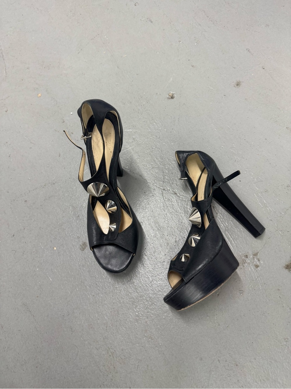 Vintage Alexander McQueen Black Platform Peep-Toe Heels with Silver Cone Studs